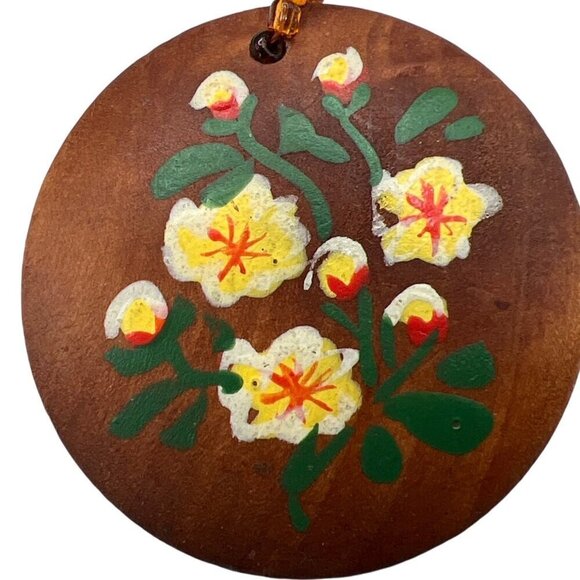 Vintage Hand-Painted Floral Pendant Necklace With Beaded Chain. B44 - Picture 10 of 13